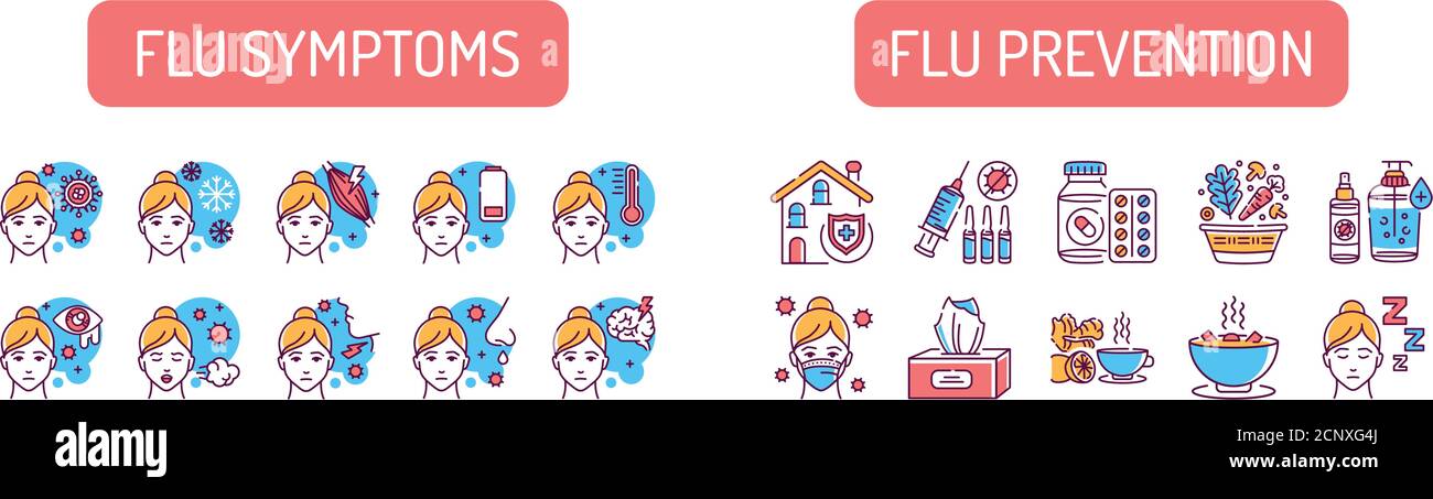 Flu symptoms and prevention color line icons set. Viral diseases, colds ...