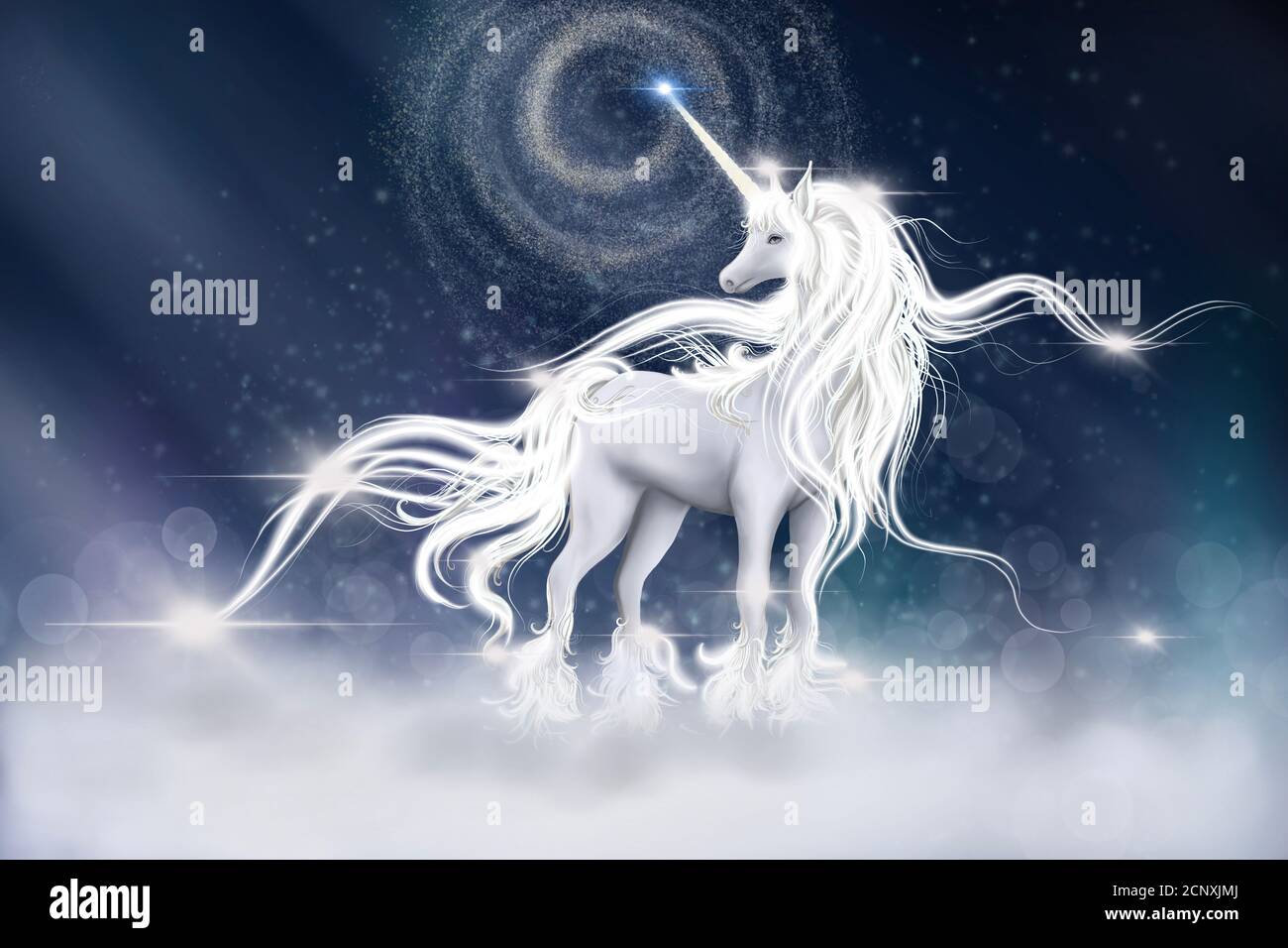 illustration of Unicorn with sky galaxy fantasy background in blue color.  Digital CG painting of Fantasy Horse with lightning strike, Bed time story  Stock Photo - Alamy, image size:1300x956