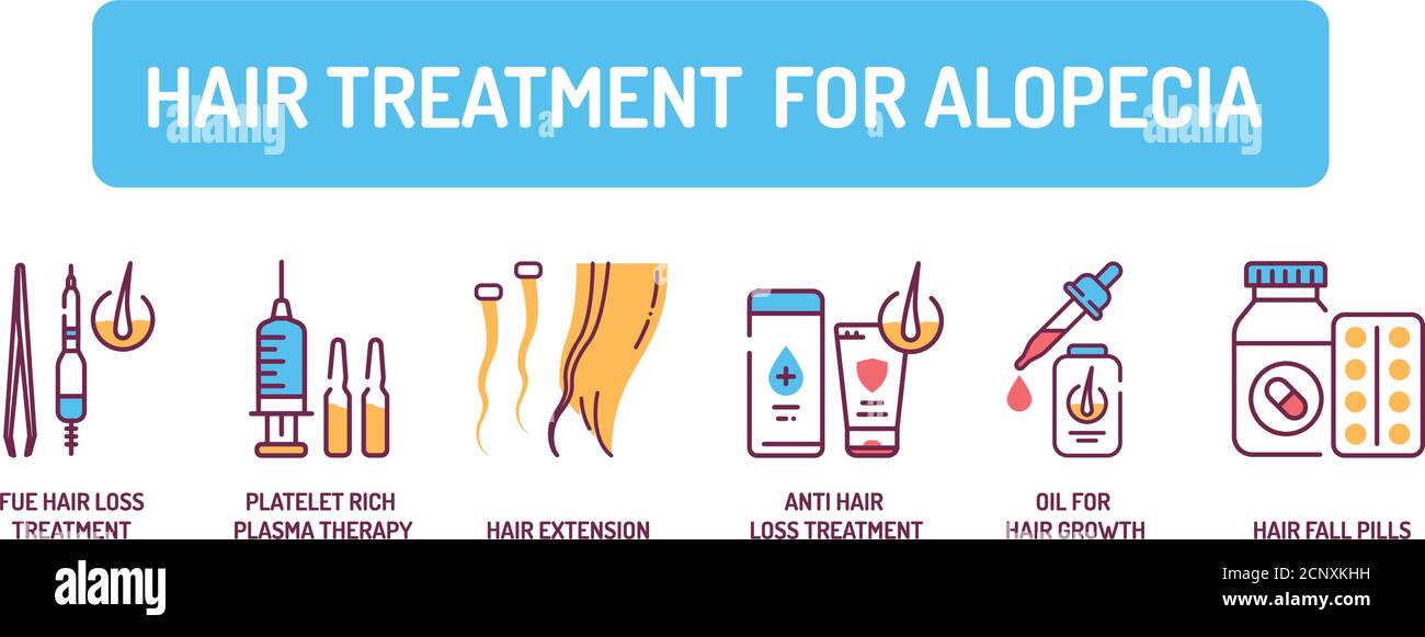 Hair treatment for alopecia color line icons set. Tools and actions that can help cure baldness. Alopecia. Pictogram for web page, mobile app, promo Stock Vector