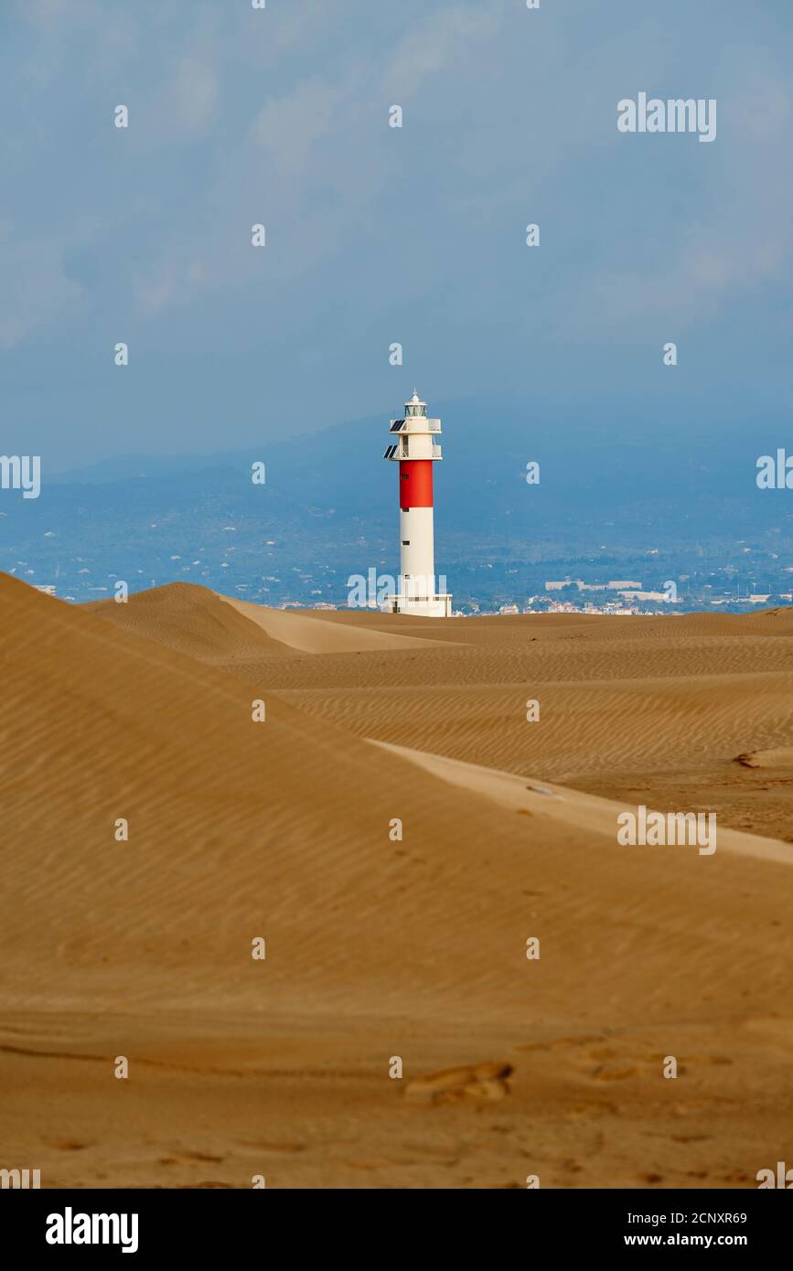 Landscape, dunes, lighthouse, sandy beach, Ebro Delta, Tarragona Province, Catalonia, Northern Spain, Spain, Europe Stock Photo