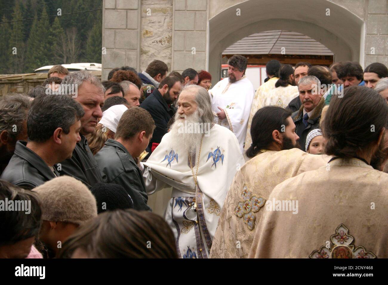 Petru Voda Christian Orthodox Monastery, Neamt County, Romania, 2008. Father Iustin Parvu and believers during a religious service. Stock Photo