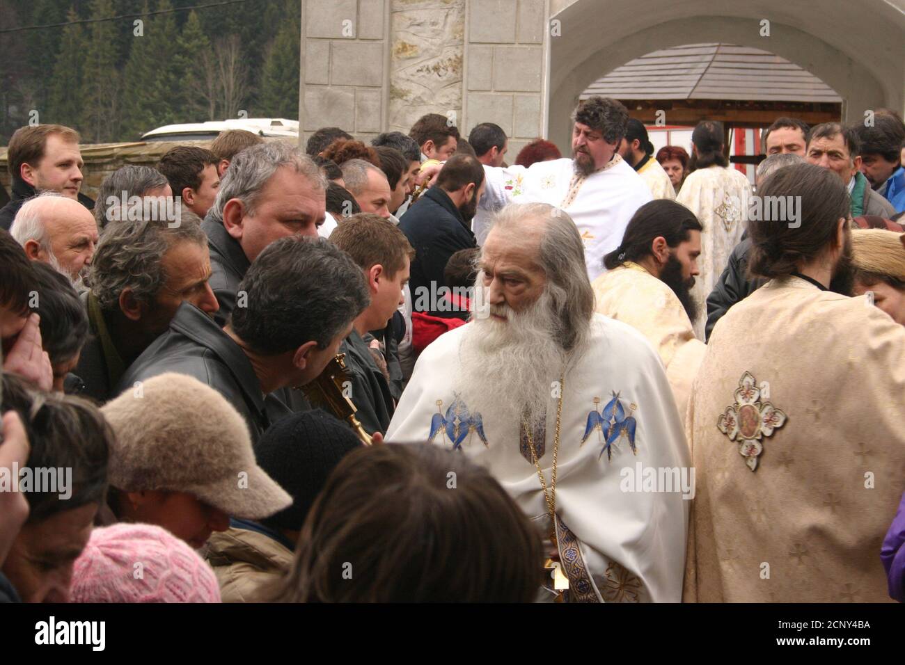 Petru Voda Christian Orthodox Monastery, Neamt County, Romania, 2008. Father Iustin Parvu and believers during a religious service. Stock Photo