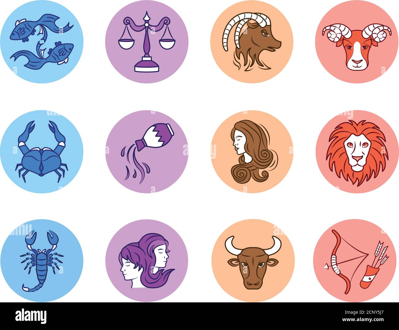 Zodiac signs color line icons set. Astrology. Horoscope. All zodiac