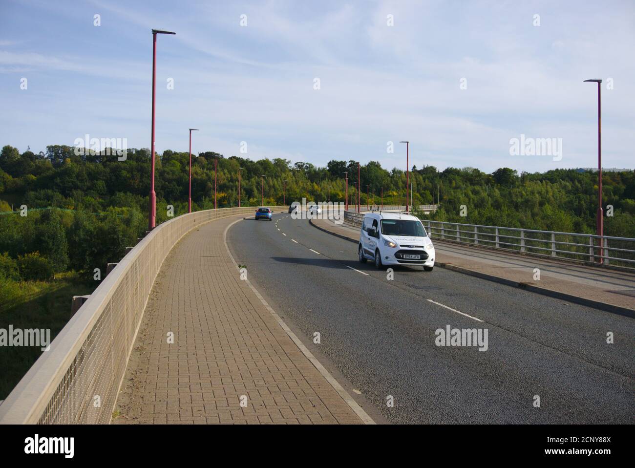 Road traffic on the A698 crossing the River Tweed at Hunters Bridge on the outskirts of Kelso, Roxburghshire, Scottish Borders, UK. Stock Photo