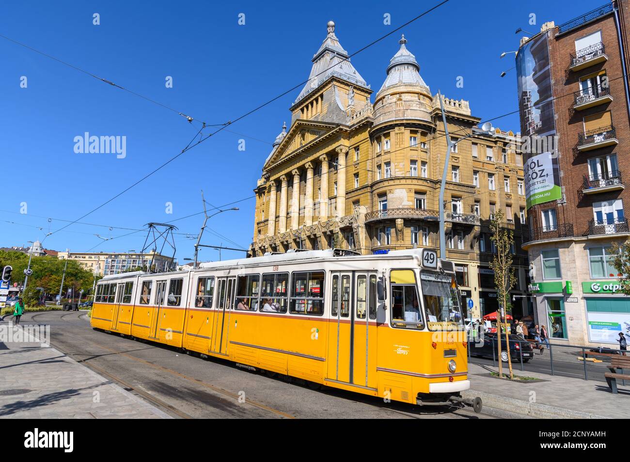 BUDAPEST, HUNGARY-SEPTEMBER 26, 2019; Yellow tram passing on Karoly Road ,Hungary Stock Photo