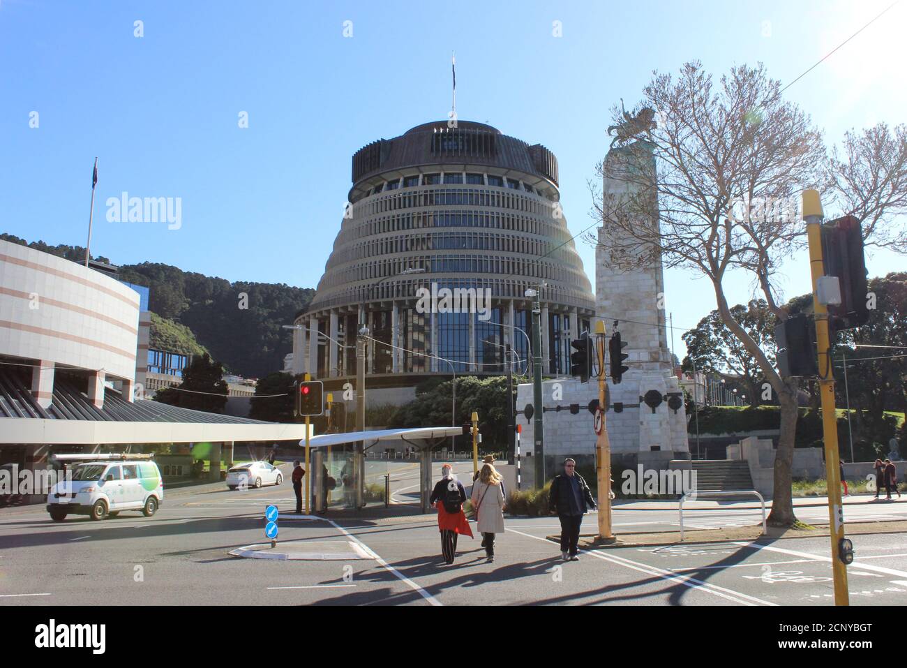 A view shows the Executive Wing of the New Zealand Parliament complex, popularly known as 'Beehive' because of the building’s shape, in Wellington, New Zealand July 23, 2020. Picture taken July 23, 2020. REUTERS/Praveen Menon Stock Photo