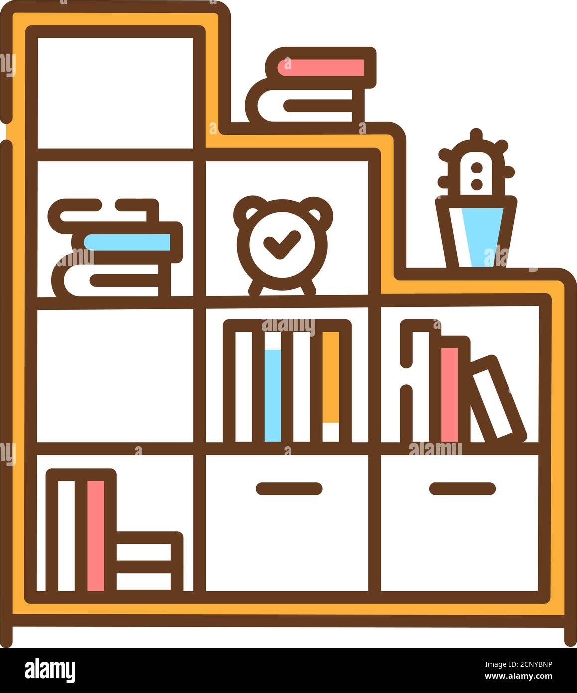 Bookshelf color line icon. Standing furniture with horizontal shelves, often in a cabinet, used to store books. Pictogram for web page, mobile app Stock Vector