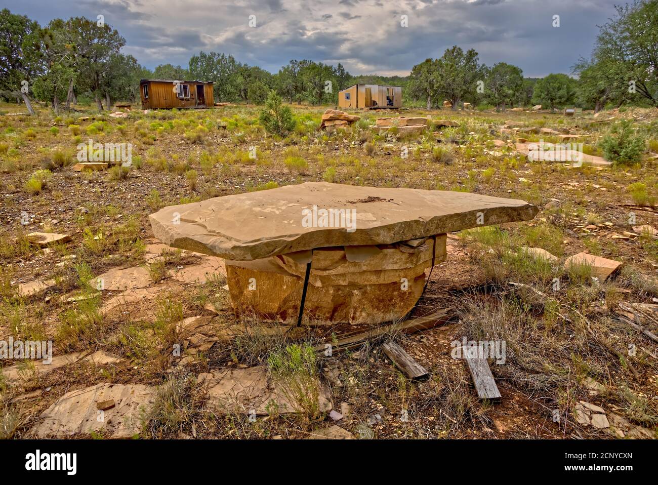 The ghostly remains of an abandoned mining camp at Mexican Quarry near Perkinsville Arizona. The quarry is in publicly accessible land in the Prescott Stock Photo