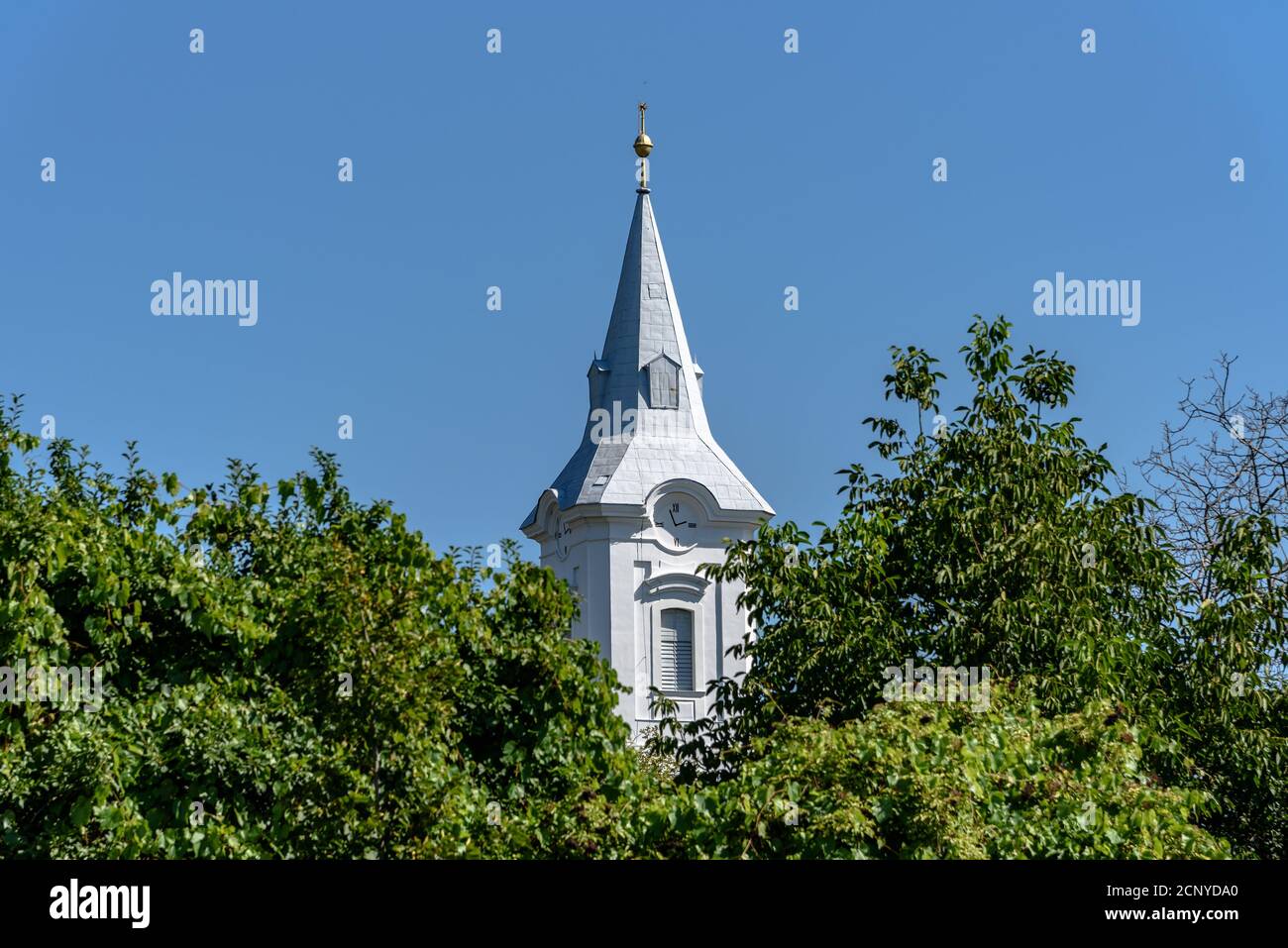 The baroque bell tower of the Reformed Church in Mad, Hungary Stock Photo