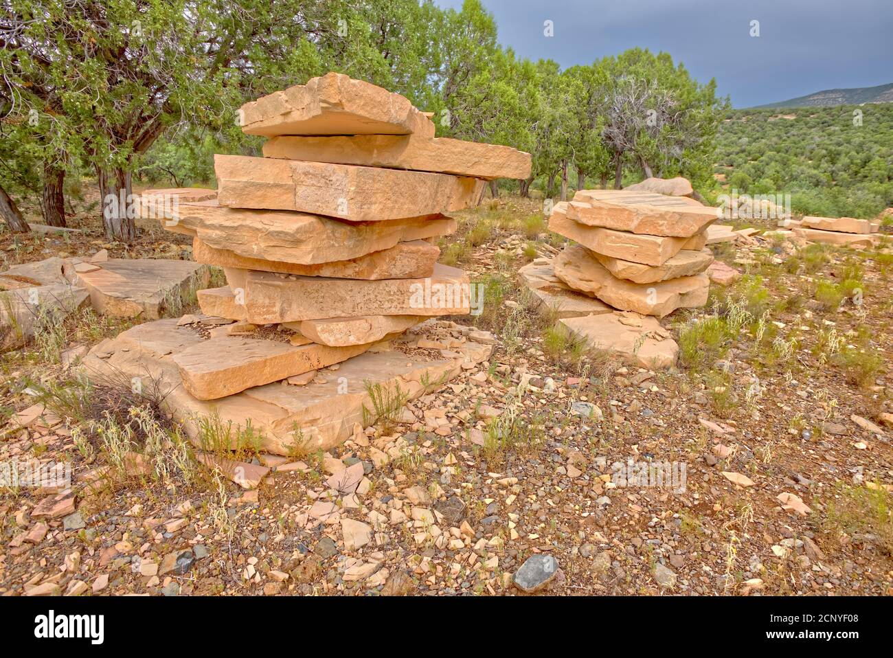 Stacks of stone slabs at the abandoned Mexican Quarry near Perkinsville Arizona. The quarry is on publicly accessible federal land in the Prescott Nat Stock Photo