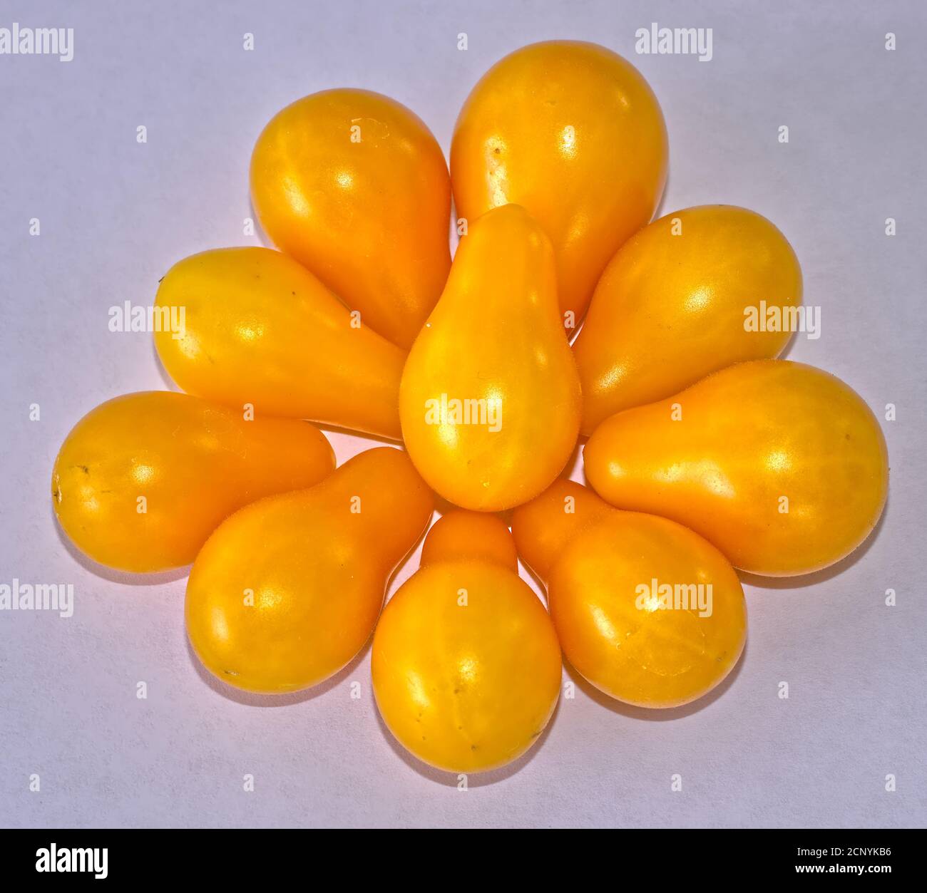 A group of Yellow Teardrop Cherry Tomatoes isolated on white background. These tomatoes are listed as an heirloom tomato that has existed for over 200 Stock Photo