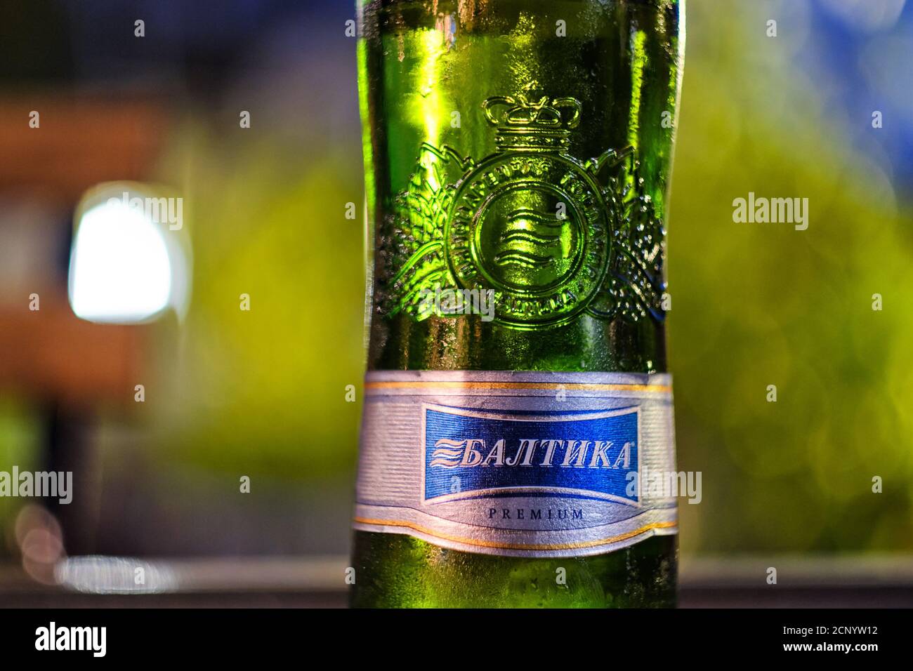 Belgrade / Serbia - September 15, 2020: Bottle of cold Baltika 7 Premium Russian beer served in a bar in Belgrade, Serbia Stock Photo