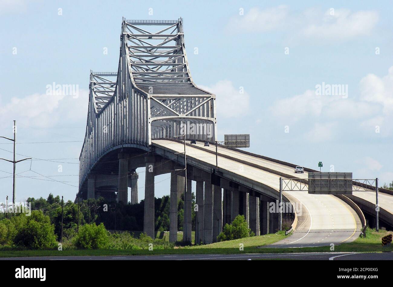 Towering historic Gramercy Bridge over the Mississippi river in rural Louisiana. Stock Photo