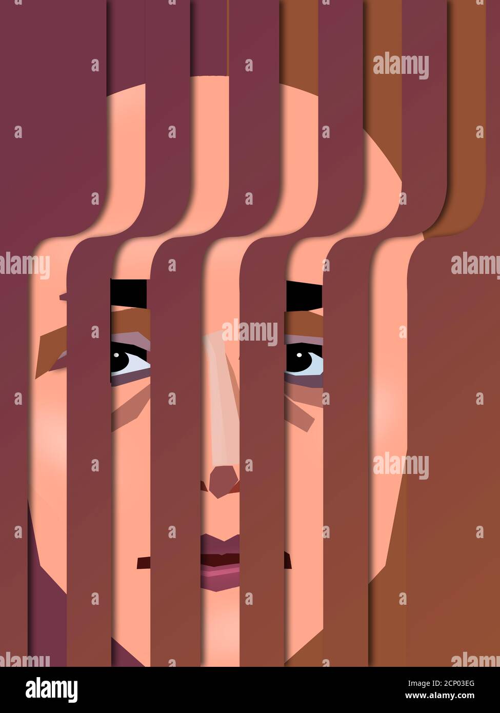 Jail time could be the point of this 3-D illustration of a face behind curving bars or ribbons of color. Stock Photo