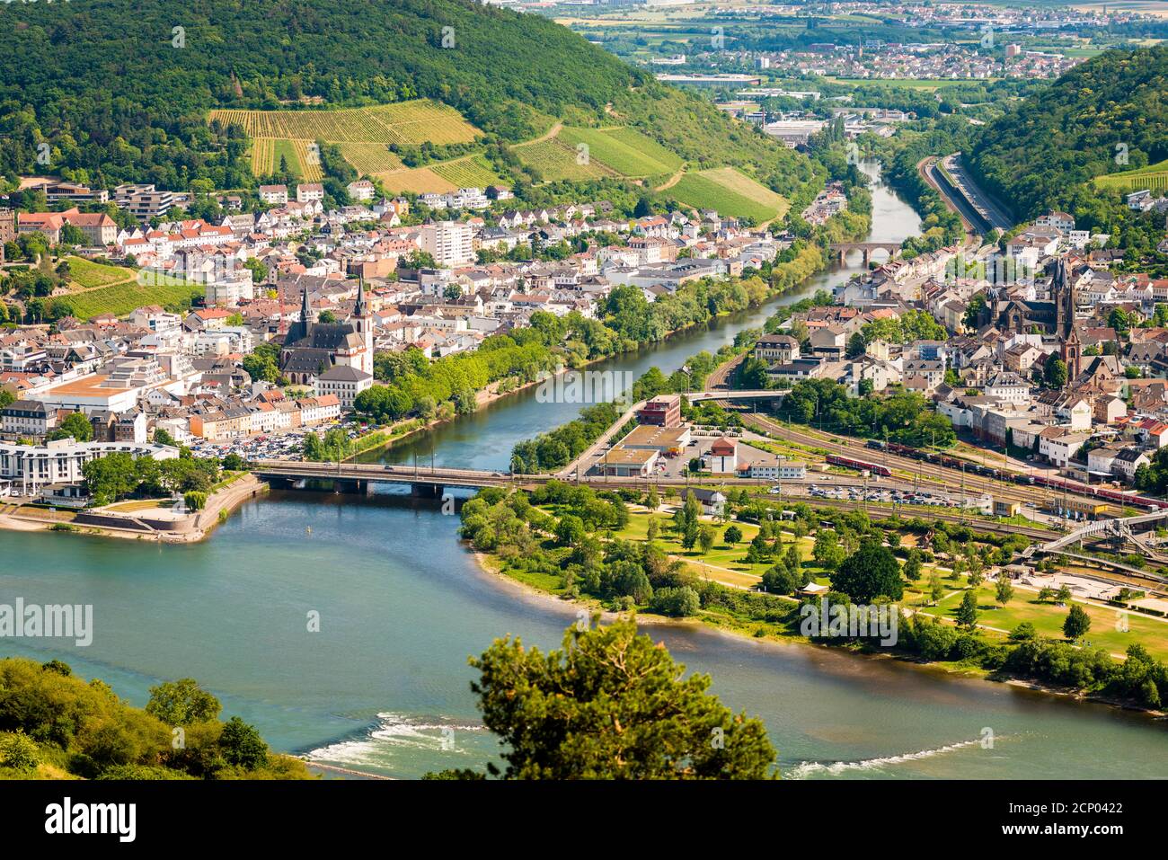 Rossel view of Bingen-Bingerbrück, the mouth of the Nahe and the Drusus Bridge, Rhein-Nahe-Eck Stock Photo