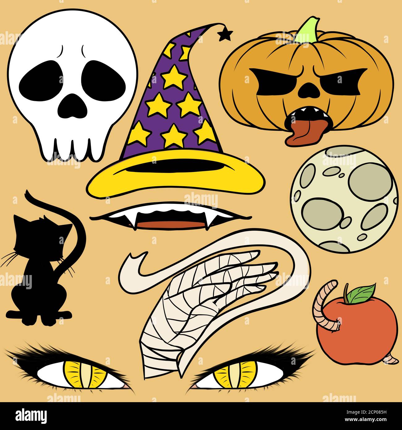 Halloween picture pack. Sketch on purple background. Skull, hat, yellow pumpkin, black cat, ominous eyes, worm-red Apple, dead man's hand, skeleto. Stock Photo