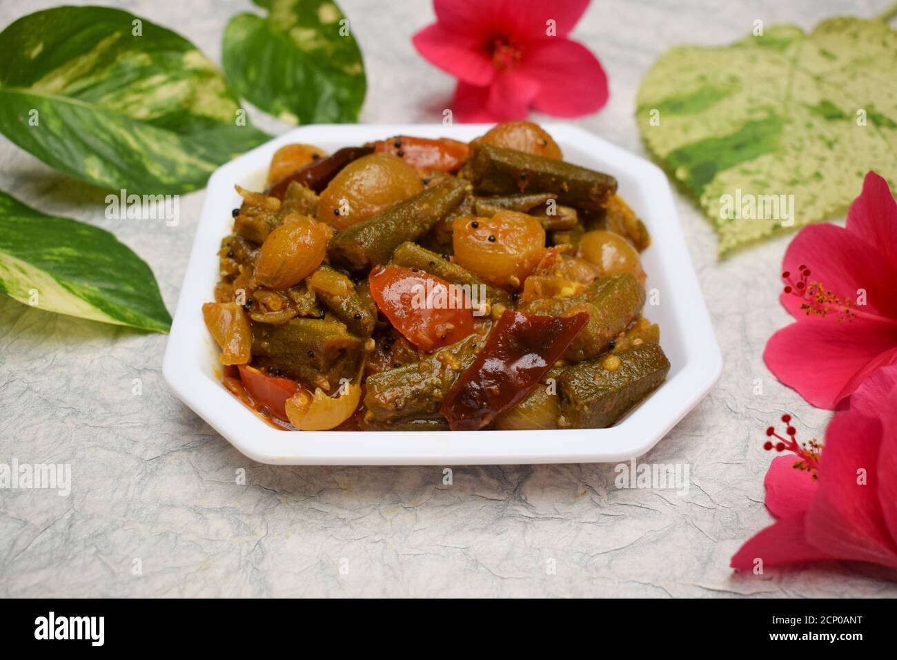 Top view of Indian vegetable curry Bhindi do pyaza made of whole big
