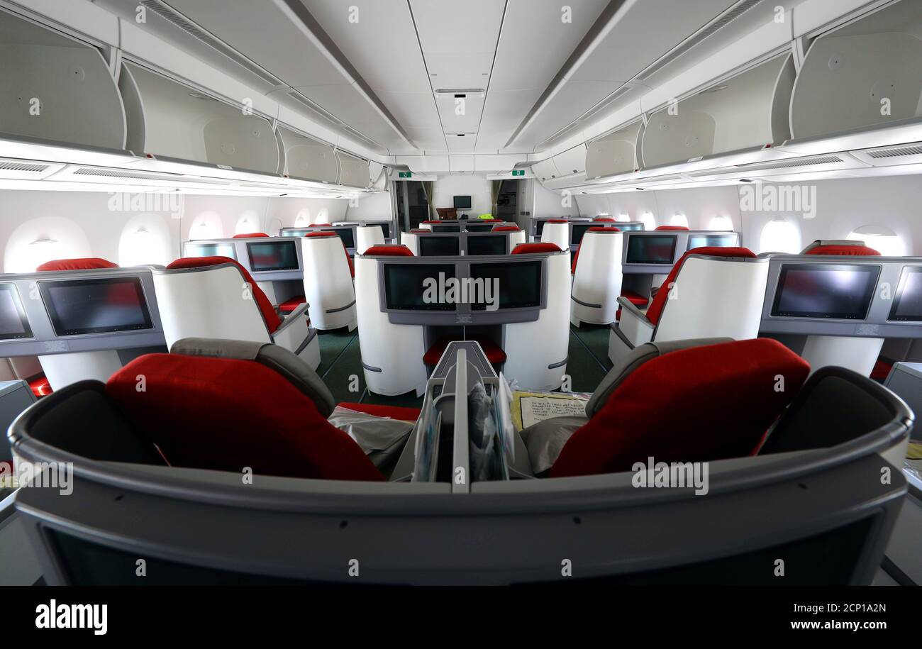 The business class cabin of an Airbus A350-900 of Ethiopian Airlines is photographed during a site-inspection at Fraport airport in Frankfurt, Germany, May 22, 2017.  REUTERS/Kai Pfaffenbach Stock Photo