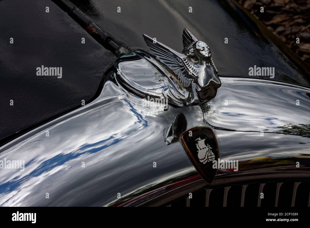 1932 Plymouth hood ornament, Flying Lady, wings, Chrysler Corporation, close-up, antique car, decoration, transportation Stock Photo