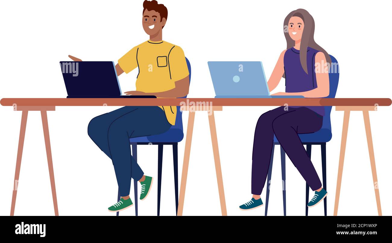 Man and woman cartoons with laptops at desk working vector design Stock
