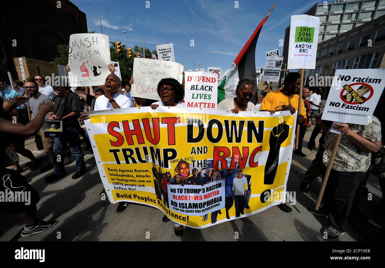 Protesters march down Euclid Avenue during a demonstration against the Republican National Convention in Cleveland, Ohio, July 17, 2016. REUTERS/Steve Nesius. Stock Photo