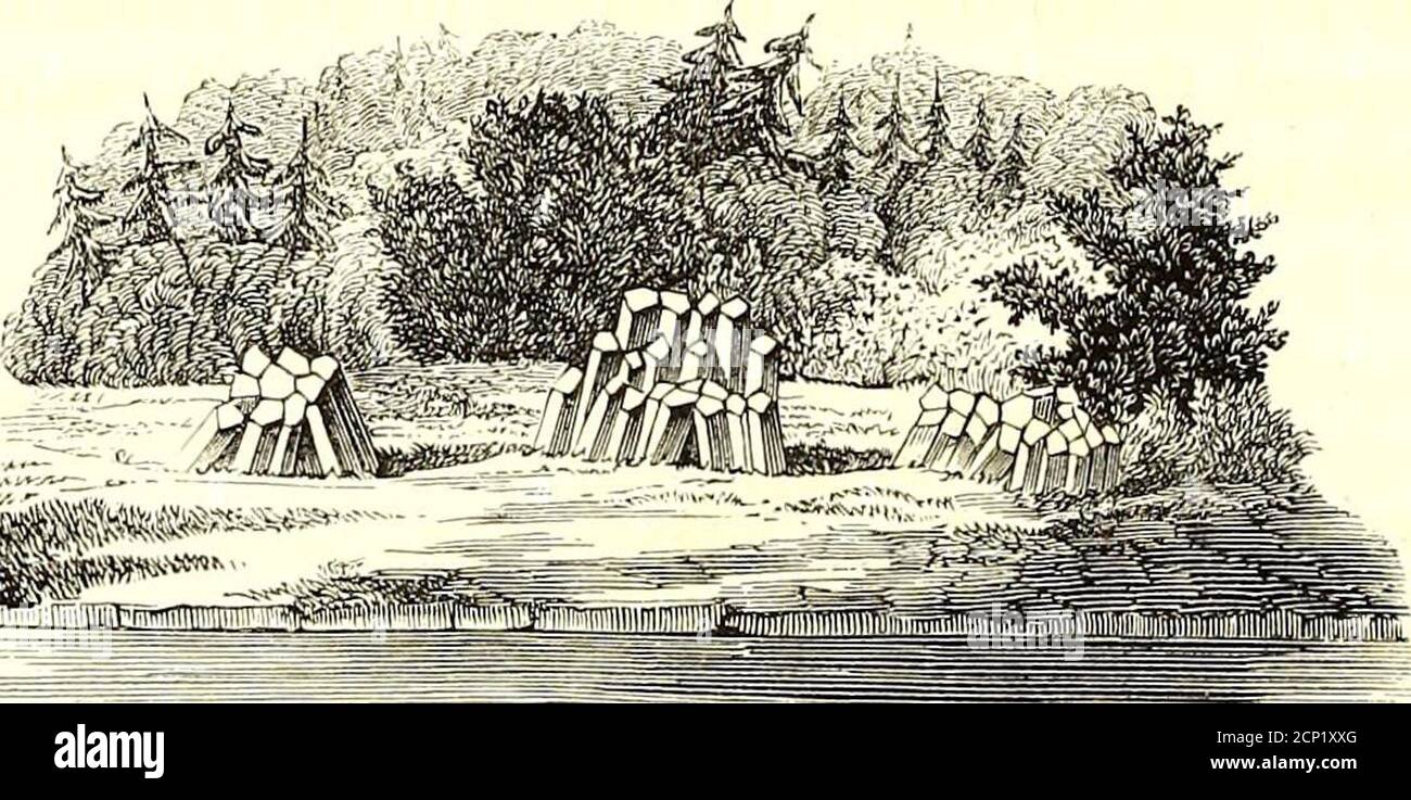 . Report of a geological survey of Wisconsin, Iowa, and Minnesota : and incidentally of a portion of Nebraska Territory : made under instructions from the United States Treasury Department . a. Metamorphosed shales, b. Compact beds, somewhat hrecciated. c. Basaltic bed. The basaltic bed forms regular columns, and at one point on the shore has dis-integrated in such a manner as to leave three clusters of columns, several feet inheight, standing on the metamorphosed beds which slope gently to the Lake.. Stock Photo