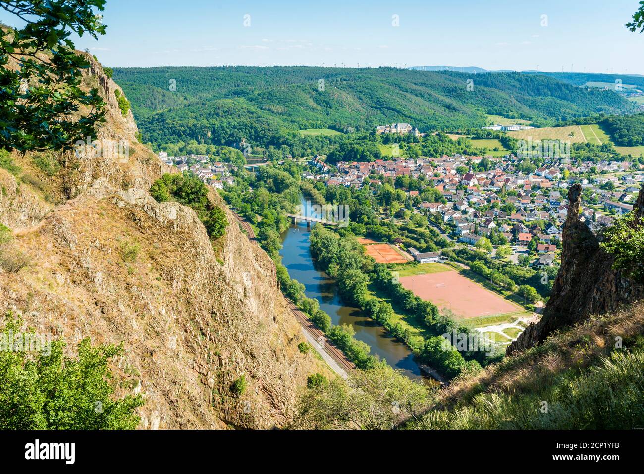 Bad Münster am Stein-Ebernburg, seen from Rotenfels, the largest steep wall north of the Alps, Bad Kreuznach district, Stock Photo