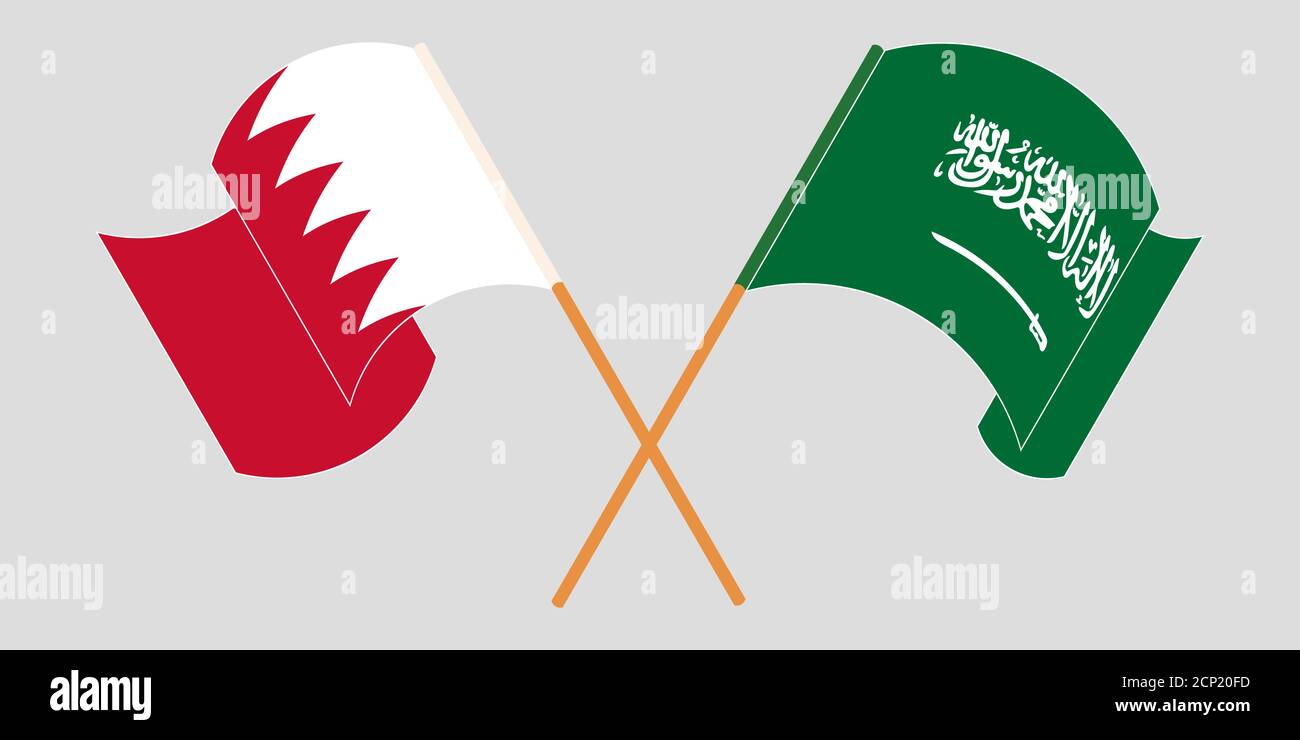 Crossed and waving flags of Bahrain and Kingdom of Saudi Arabia. Vector illustration Stock Vector