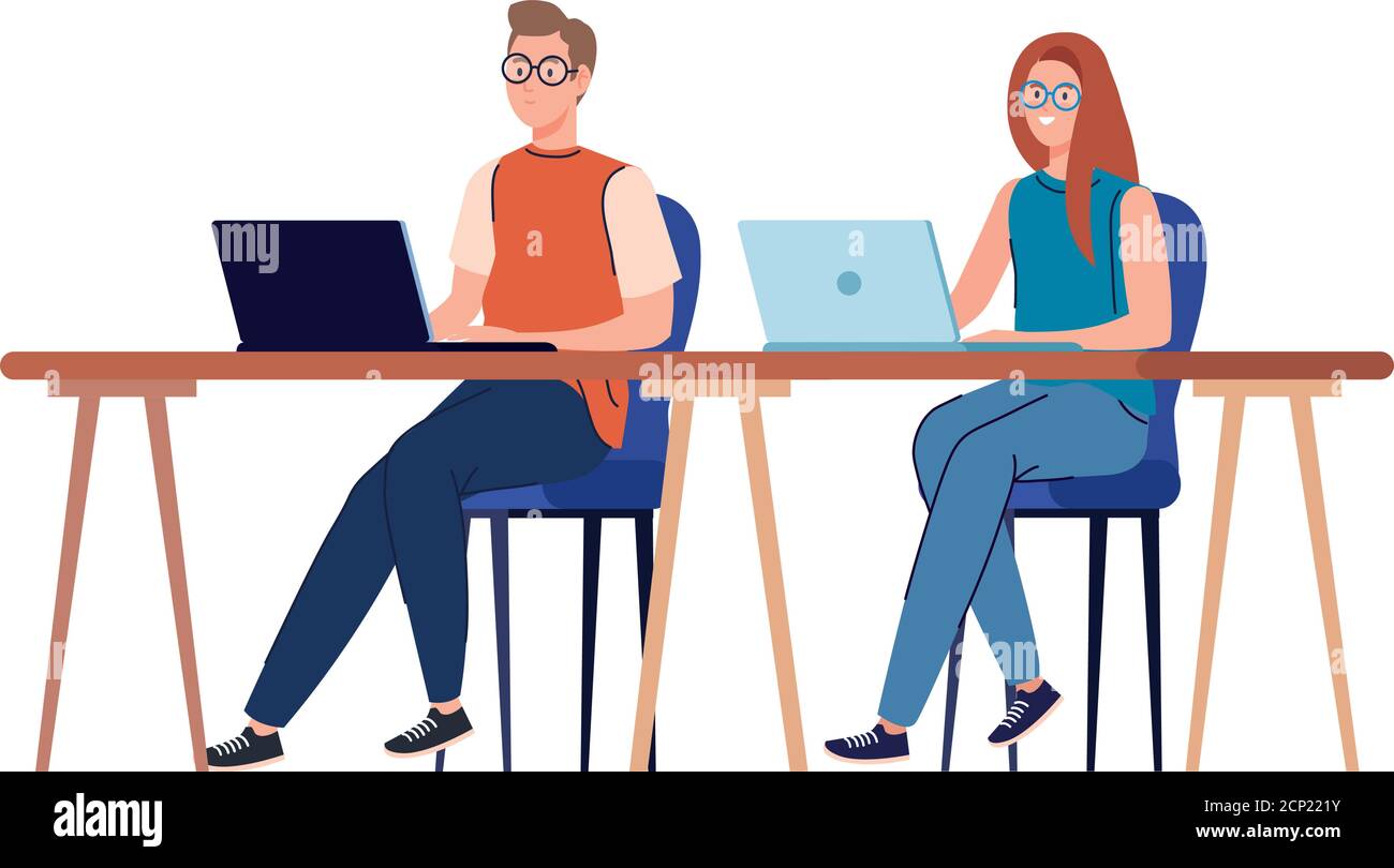 Man and woman cartoons with laptops at desk working vector design Stock