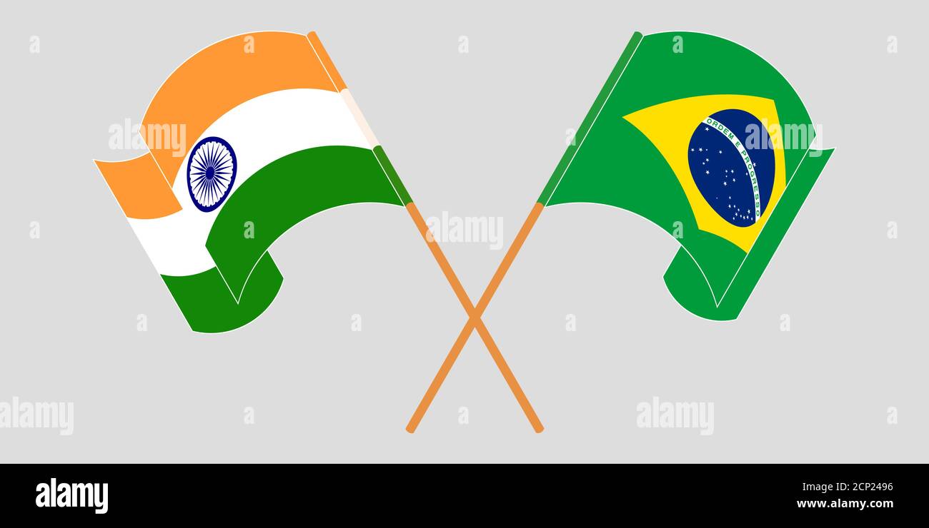 Crossed and waving flags of Brazil and India. Vector illustration Stock Vector