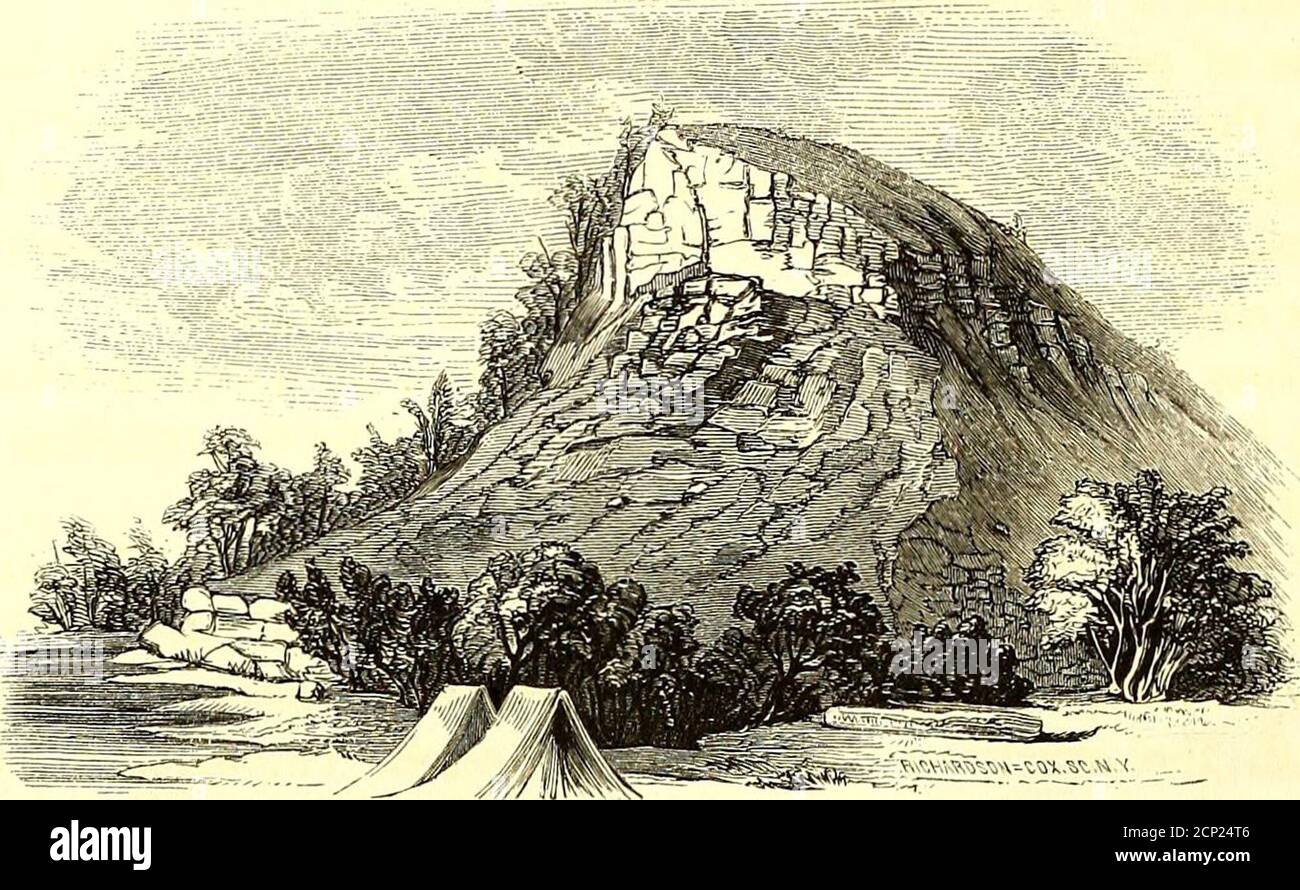 . Report of a geological survey of Wisconsin, Iowa, and Minnesota : and incidentally of a portion of Nebraska Territory : made under instructions from the United States Treasury Department . CAP DES SIOUX 46 PROTOZOIC EOCKS A little below the Red Wing Village, near the northern extremity of LakePepin, is a remarkable headland, which has all the appearance of a hill splitdown the middle, as shown in the subjoined cut. Here the Lower Magnesian. LA GRANGE MOUNTAIN. Limestone forms about one hundred and fifty feet of the upper portion of the hill.The base, for one hundred and eighty feet, is chief Stock Photo