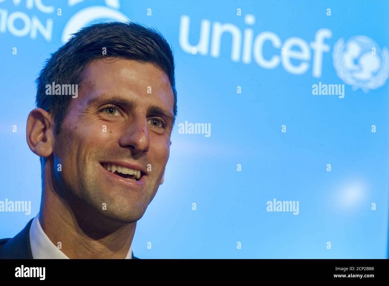 Serbian tennis player Novak Djokovic speaks during a news conference at the UNICEF headquarters in New York August 26, 2015. Djokovic announced a partnership between UNICEF, the World Bank Group and the Novak Djokovic Foundation.  REUTERS/Brendan McDermid Stock Photo