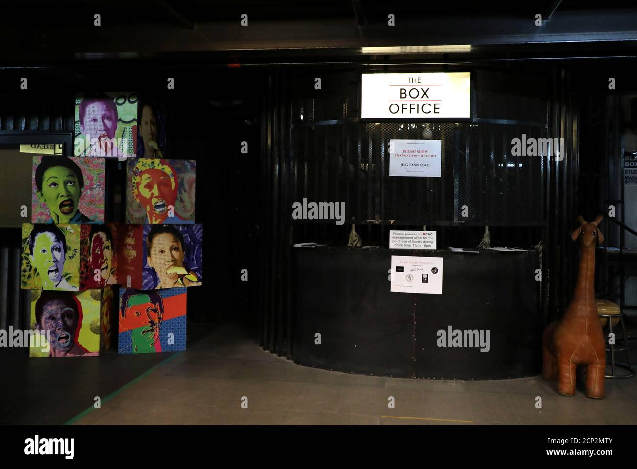 An empty box office is seen at the Damansara Performing Arts Centre, amid the coronavirus disease (COVID-19) outbreak in Petaling Jaya, Malaysia July 17, 2020. Picture taken July 17, 2020. REUTERS/ Lim Huey Teng Stock Photo