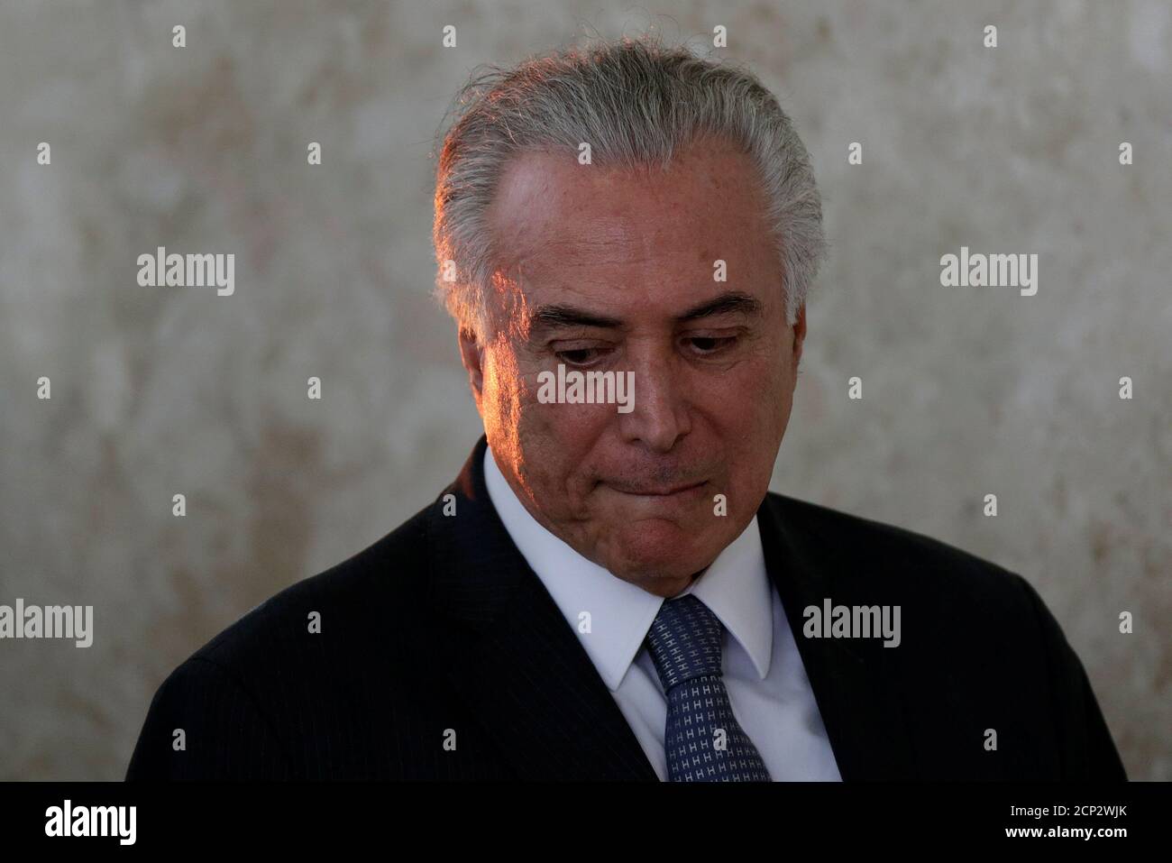 Brazil's President Michel Temer reacts during launch ceremony of the 'New School' (Novo Ensino Medio) at the Presidential Palace in Brasilia, Brazil, September 22, 2016. REUTERS/Ueslei Marcelino Stock Photo