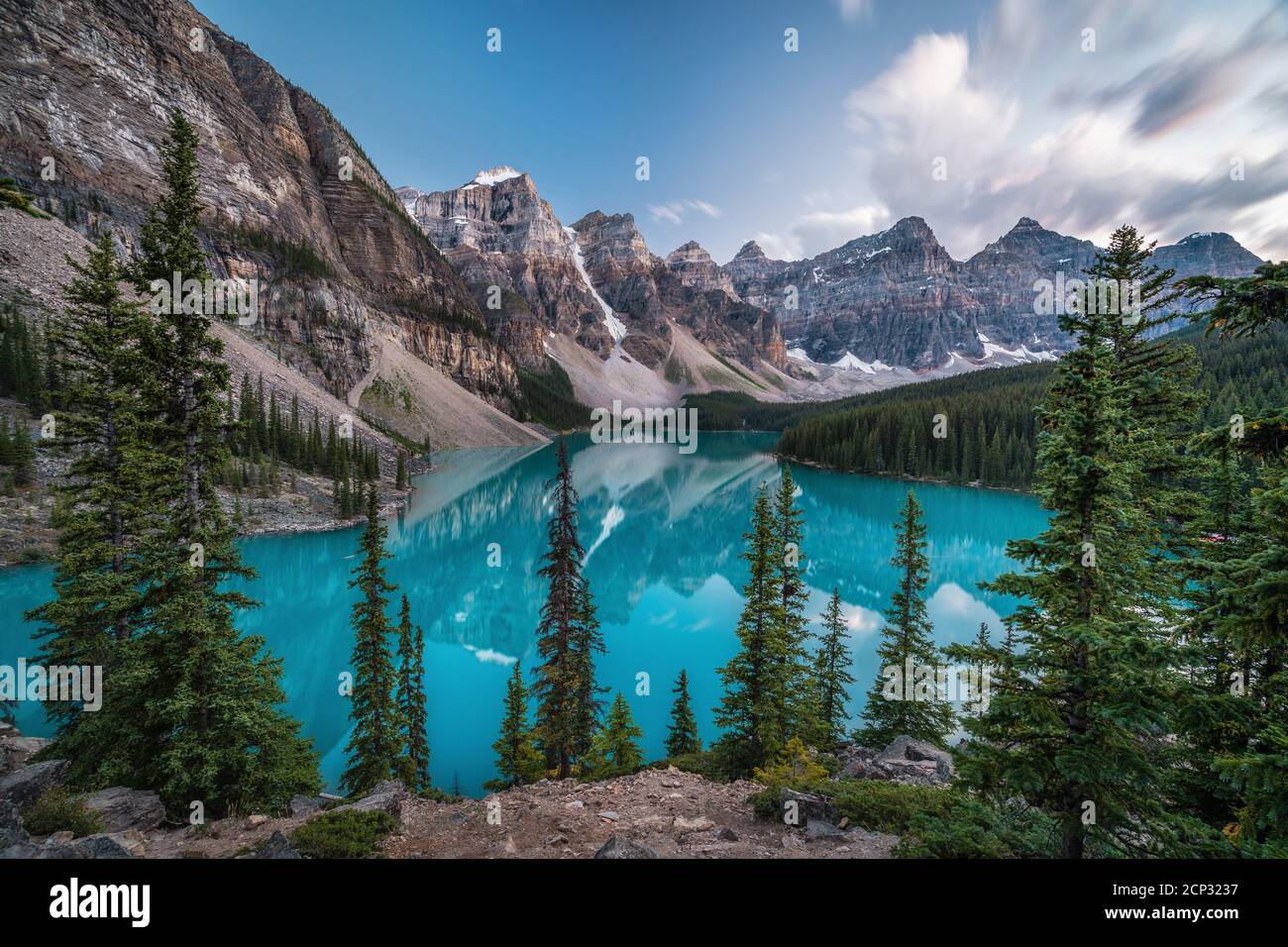 Moraine Lake and Valley of the Ten Peaks at dusk in Banff National Park, Alberta, Canada. Stock Photo