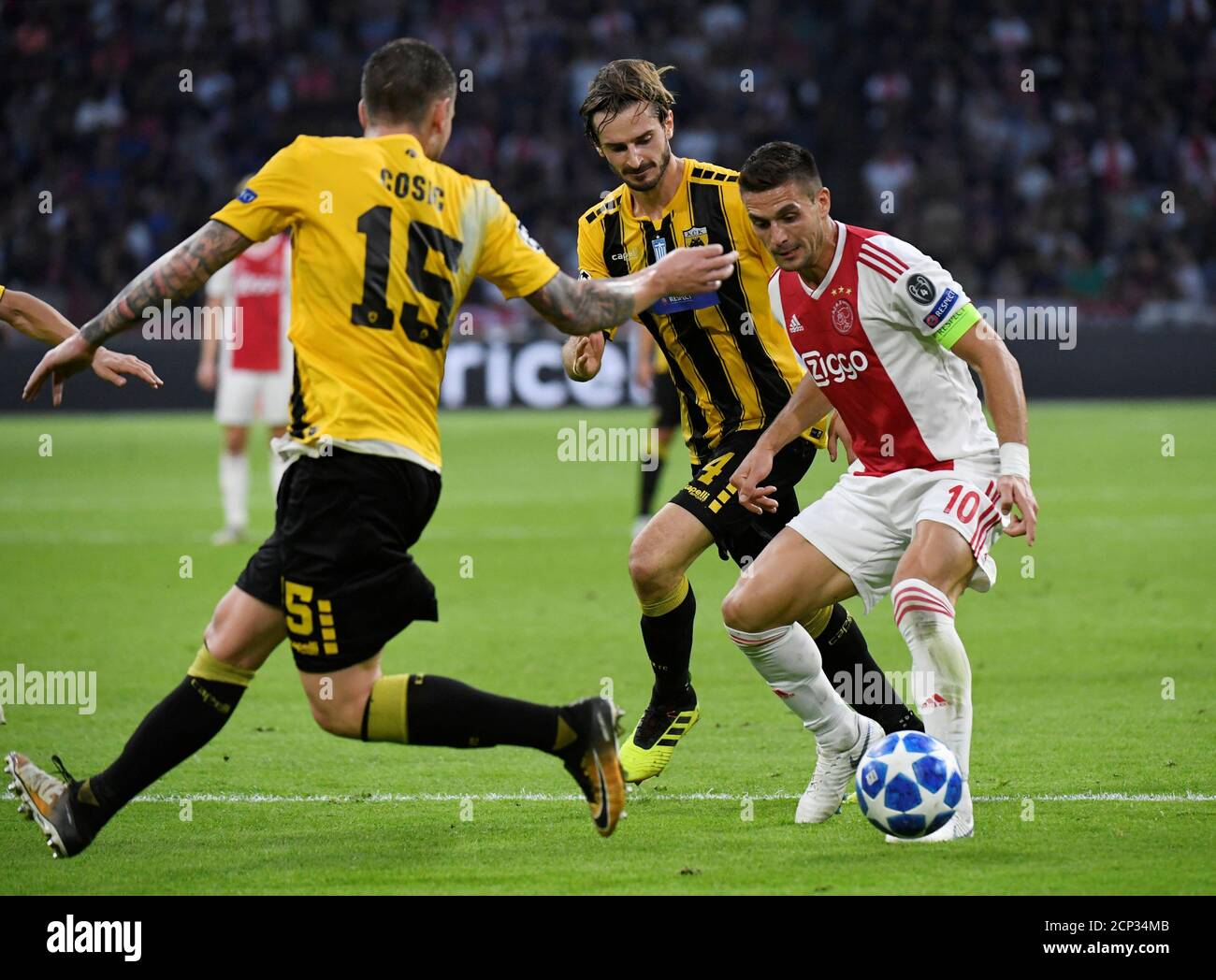 Soccer Football - Champions League - Group Stage - Group E - Ajax Amsterdam  v AEK Athens - Johan Cruijff Arena, Amsterdam, Netherlands - September 19,  2018 AEK Athens' Uros Cosic and