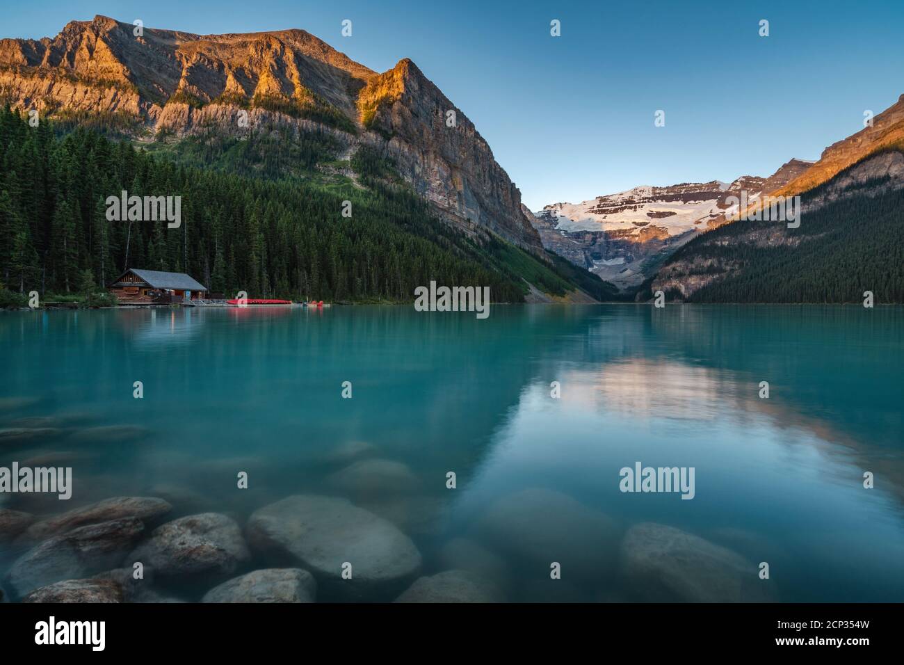 Lake Louise at sunrise in Banff National Park, Alberta, Canada. Stock Photo