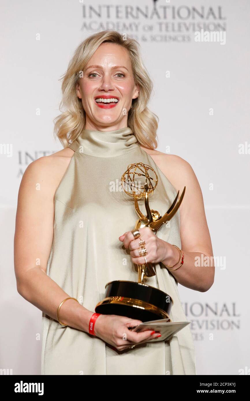 Actress Anna Schudt poses with her award for Best Performance by an Actress for her role in Ein Schnupfen Hatte Auch Gereicht (The Sniffles Would Have Been Just Fine) at the International Emmy Awards in Manhattan, New York City, U.S., November 19, 2018. REUTERS/Andrew Kelly Stock Photo