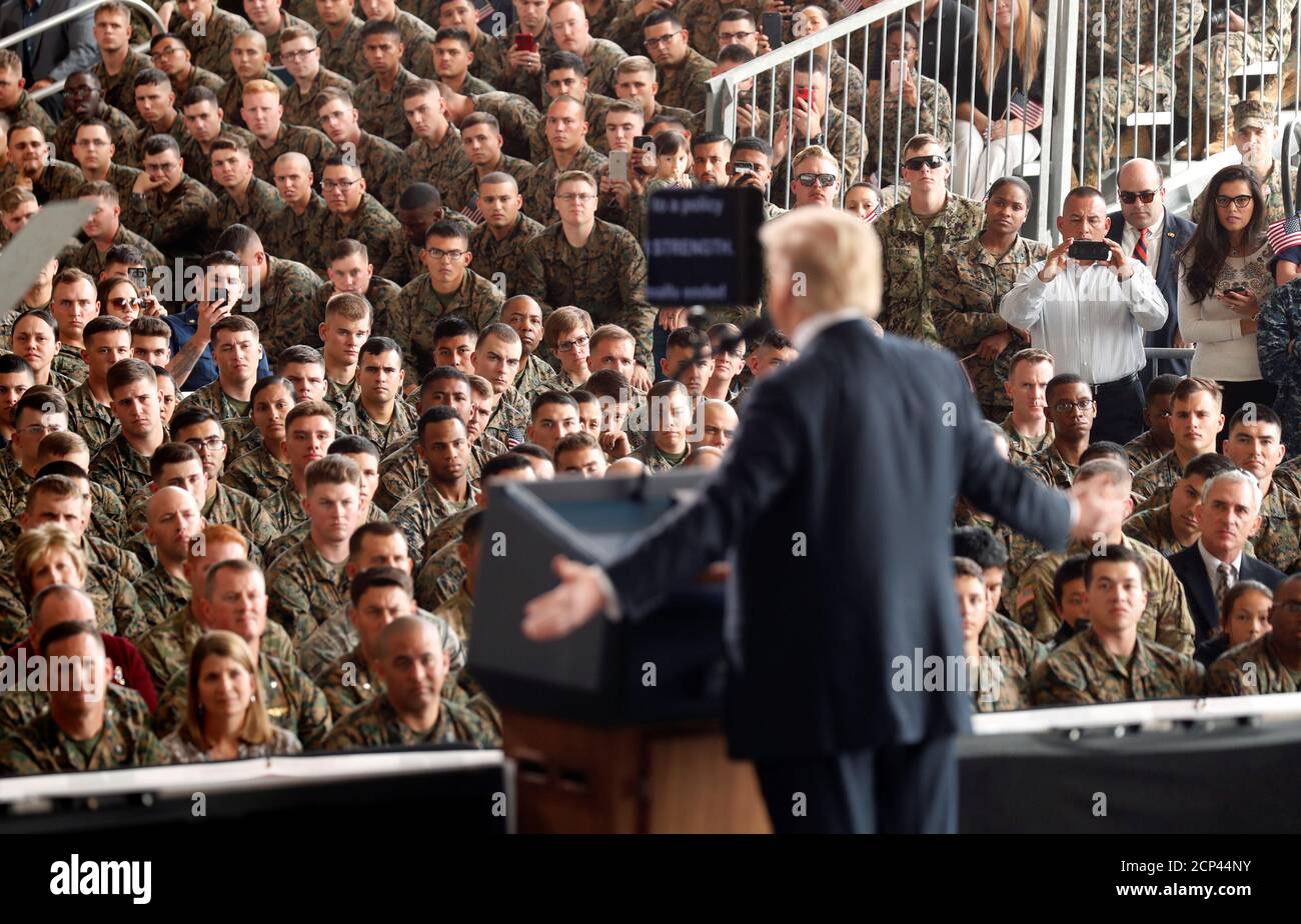 U.S. President Donald Trump speaks at Marine Corps Air Station Miramar in San Diego, California, U.S. March 13, 2018. REUTERS/Kevin Lamarque Stock Photo
