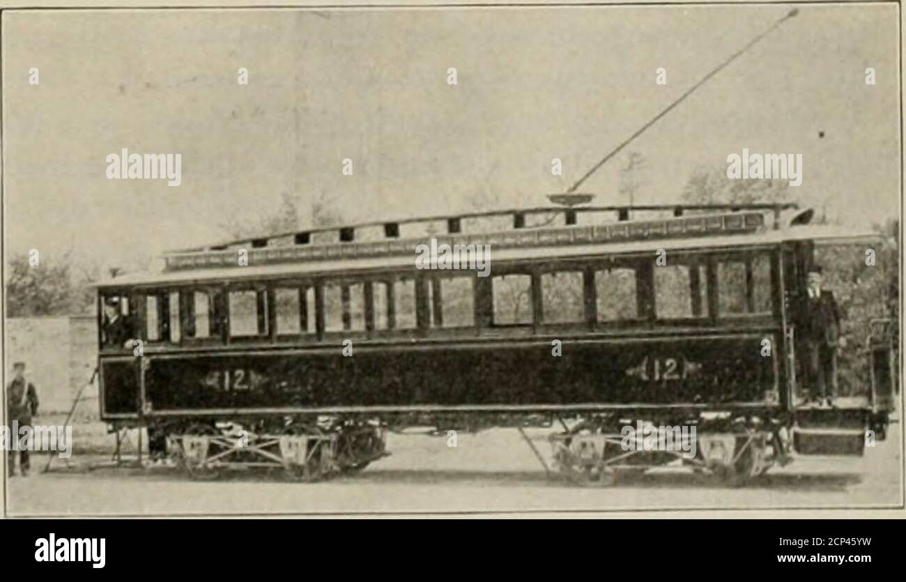 . The street railway review . near the center of thecar. The under truss was so placed as to secure a goodbearing on the old car as well as the new car sills. In closing the roof, finishing the sign-board, water-rail,etc., care was used to break joints wherever possible, buteven then, owing to the lightness of the frame and carlines,the roof would barely support its own weight, not to men-tion a heavv trolley stand, and the hob-nail shoes of a 190-pound inspector. The form of truss adopted may be seenin Fig. 5. Two pieces of Southern pine, each 2x8 in., ex-tend the length of the roof and into Stock Photo