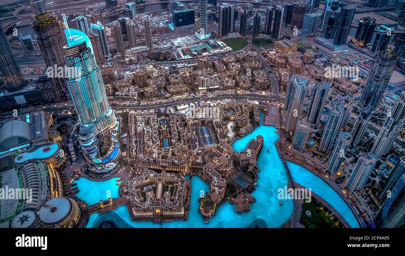 A view of the city skyline from Burj Khalifa in Dubai, UAE, Middle East. Stock Photo