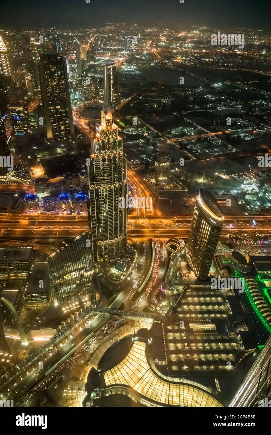 A view of downtown Dubai at night from the Burj Khalifa, Dubai, UAE, Middle East. Stock Photo