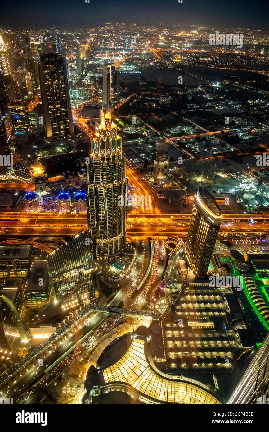 A night view of Dubai from the observation deck of the Burj Khalifa tower in Dubai, United Arab Emirates, Middle East. Stock Photo