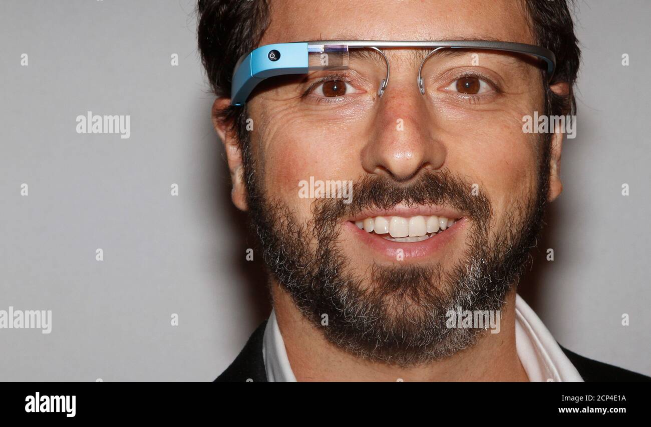 Google founder Sergey Brin poses for a portrait wearing Google Glass glasses  before the Diane von Furstenberg Spring/Summer 2013 collection show during  New York Fashion Week September 9, 2012. The show was