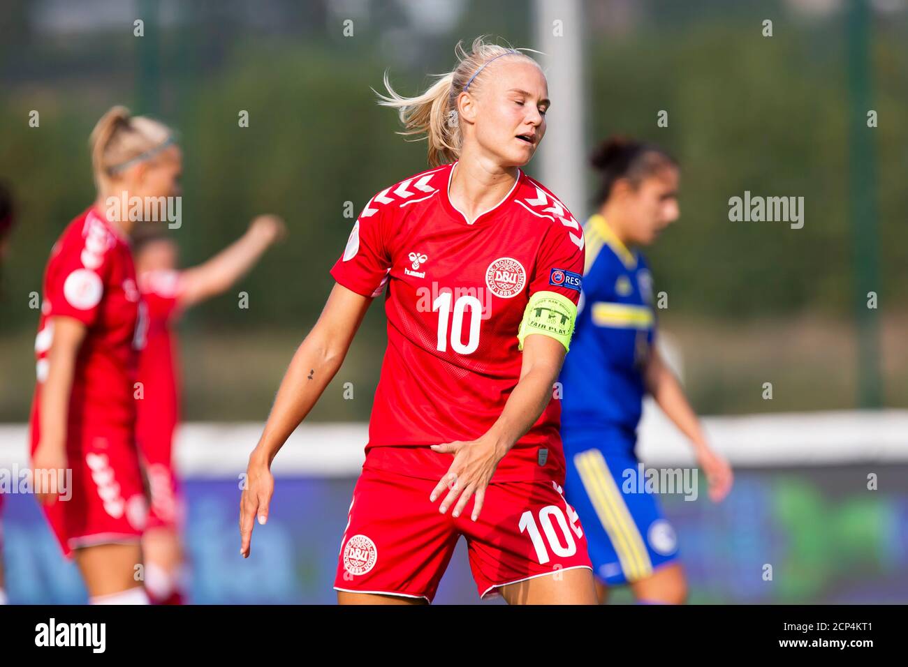 ZENICA, BOSNIA AND HERZEGOVINA - SEPTEMBER 17:  Harder of Denmark reacts during the UEFA Women's Euro Qualifying match between Bosnia and Herzegovina v Denmark at FF BH Football Training Centre on September 17, 2020 in Belgrade, Serbia. (Photo by Nikola Krstic/MB Media/Getty Images) Stock Photo