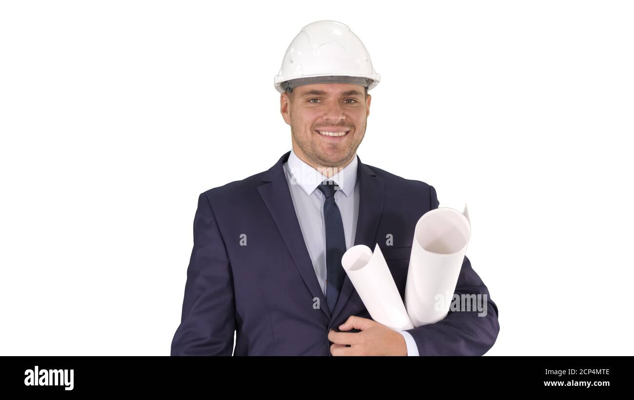 Smiling architect or engineer walking while keeping projects in arms Labor concept on white background. Stock Photo