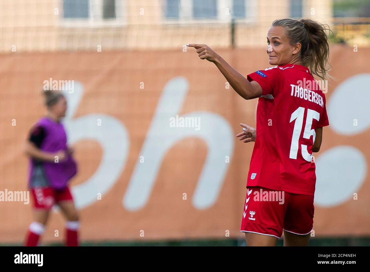 ZENICA, BOSNIA AND HERZEGOVINA - SEPTEMBER 17:  Thogersen of Denmark gestures during the UEFA Women's Euro Qualifying match between Bosnia and Herzegovina v Denmark at FF BH Football Training Centre on September 17, 2020 in Belgrade, Serbia. (Photo by Nikola Krstic/MB Media/Getty Images) Stock Photo