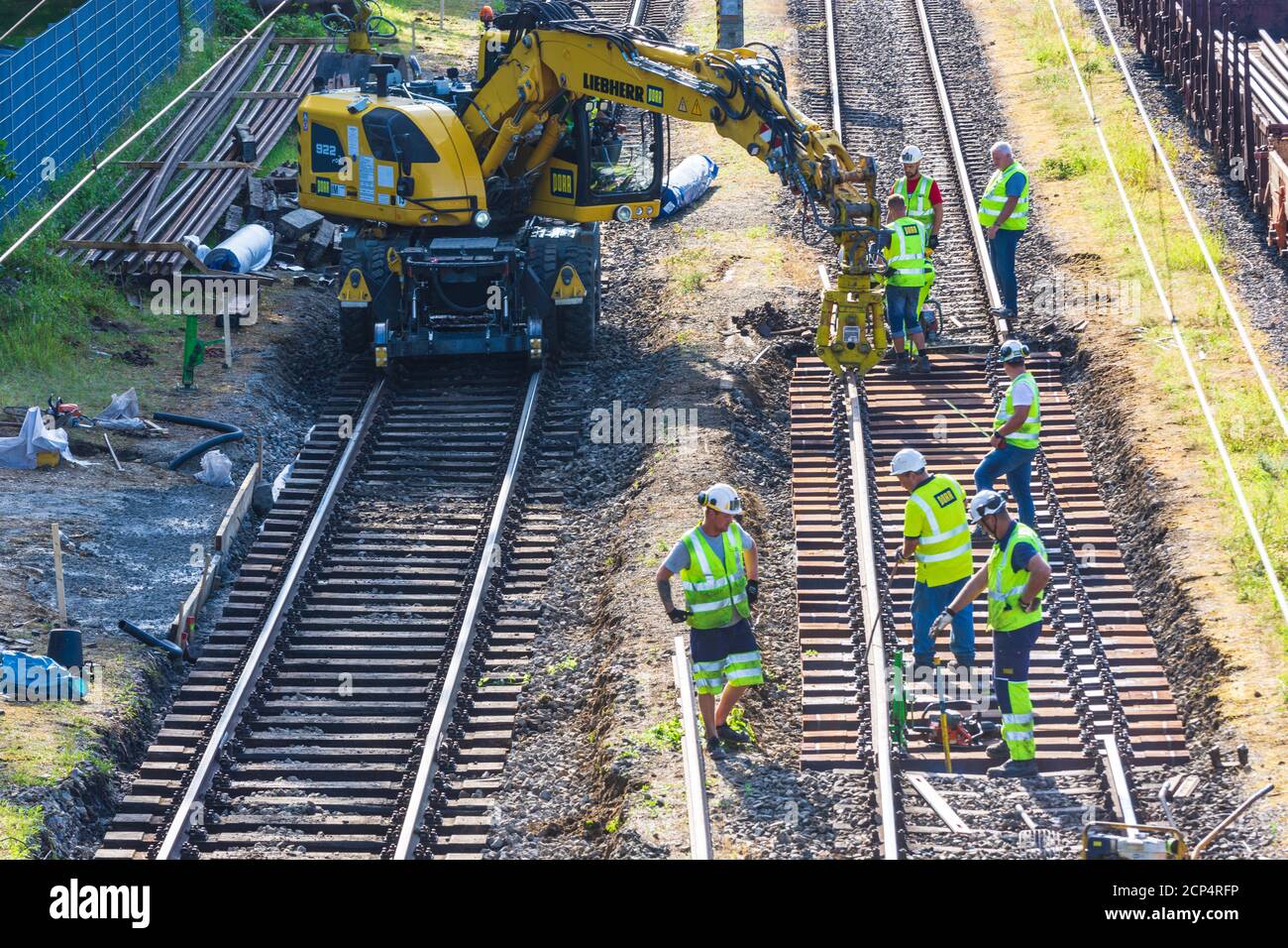 Purkersdorf, track construction work, two-way crane in Wienerwald (Vienna Woods), Niederösterreich / Lower Austria, Austria Stock Photo