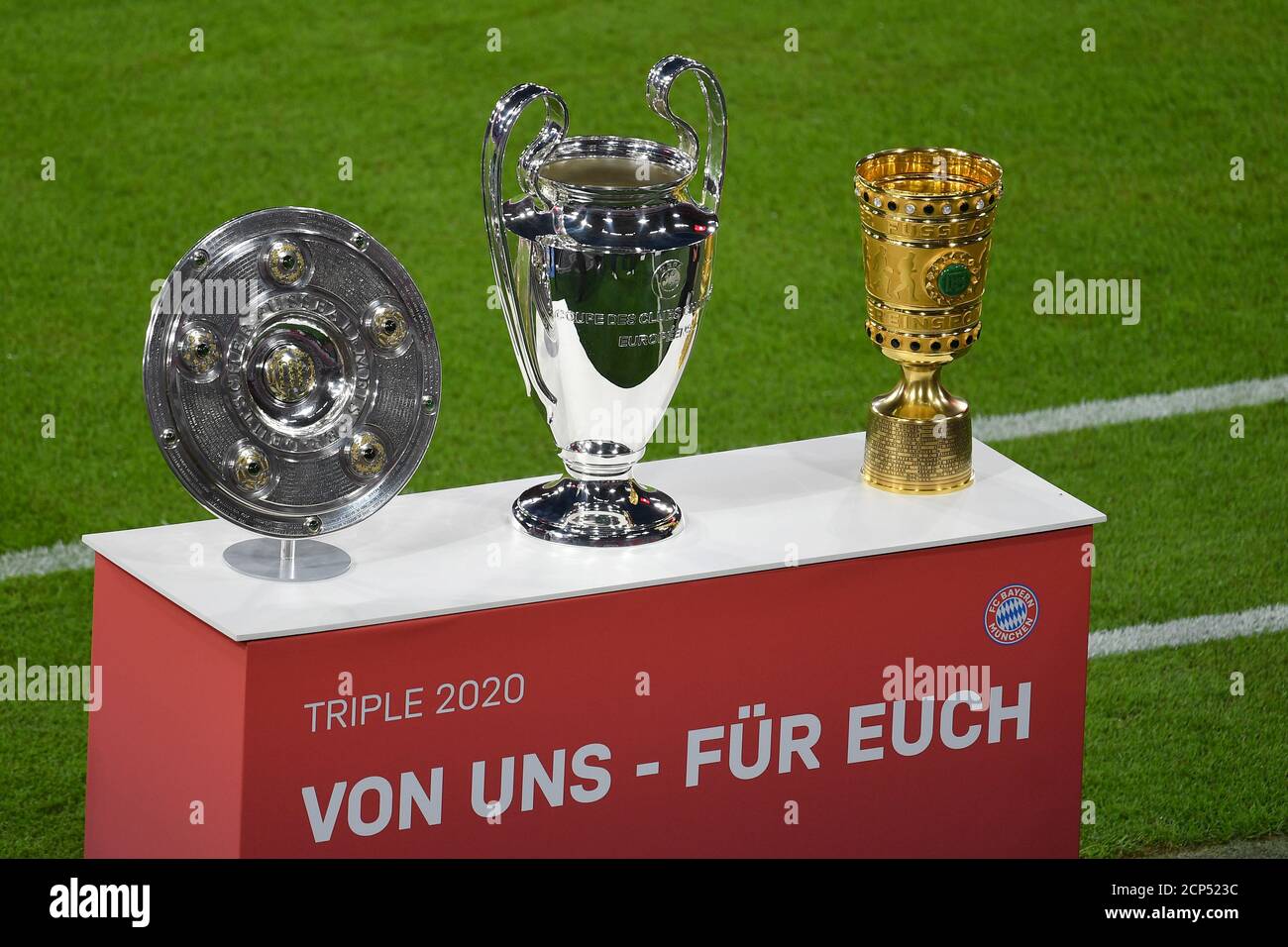 The triple cup, championship cup, Champions League cup and DFB cup are  presented. Trophy, cup, trophy. Soccer 1. Bundesliga season 2020/2021, 1  matchday, matchday01, FC Bayern Munich (M) - FCSchalke 04 (GE)