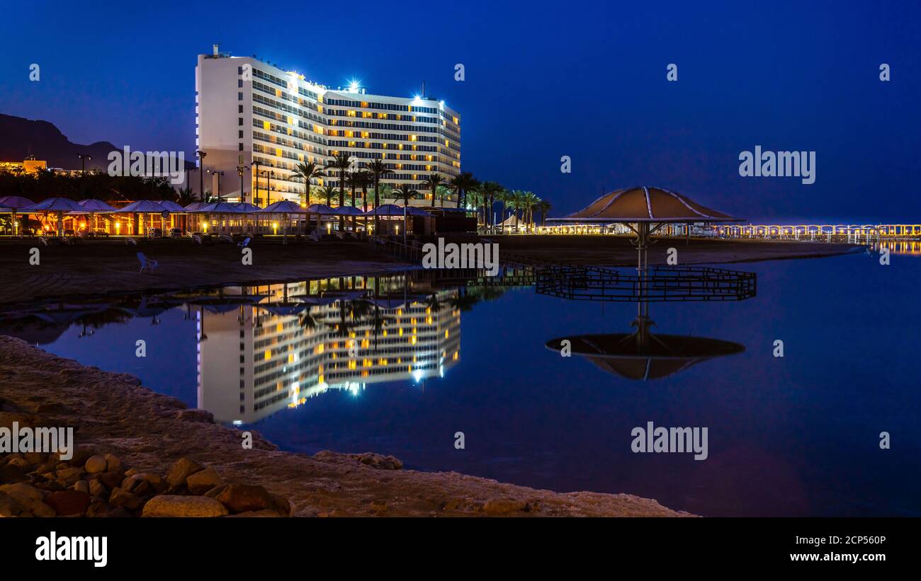 The Crowne Plaza Dead Sea Hotel at night in Ein Bokek, Israel, Middle East. Stock Photo